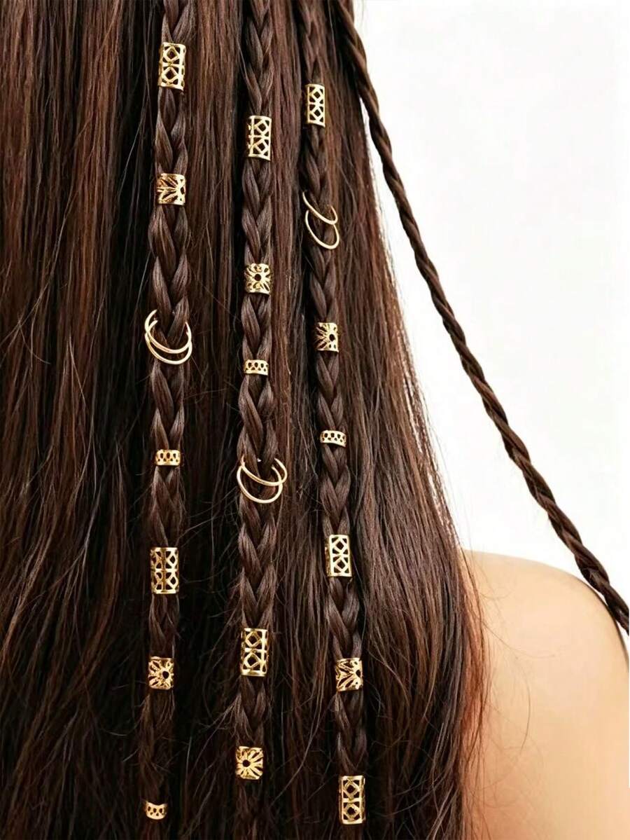 BestieMix 80-Piece Retro Geometric Gold Hollowed-Out Cornrow Hair Rings Hip-Hop Braiding Accessories Detachable Braided Metal Hair Clips - Gold - View 1