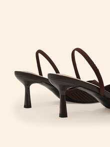 CUCCOO BASICS Women's Pointed Toe Coffee Brown Knitted V-Neck Elastic Band Backless High Heel Pumps, Elegant Breathable Daily Commute Shoes - dark coffee - View 5
