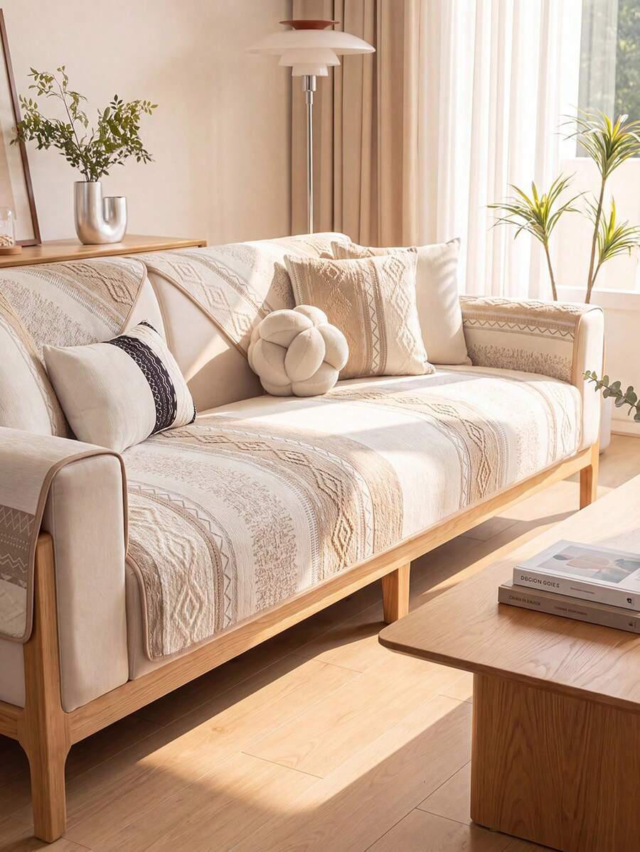 1Pc Four-Season Universal Sofa Cushion Chenier Modern Simple Non-Slip Sofa Cushion Cover, Machine Washable Room Decoration Pet-Friendly Protective Cover, Adjustable Corner Sofa Cover Suitable For Bedroom And Living Room Combination Cover Towel - Light coffee - View 1