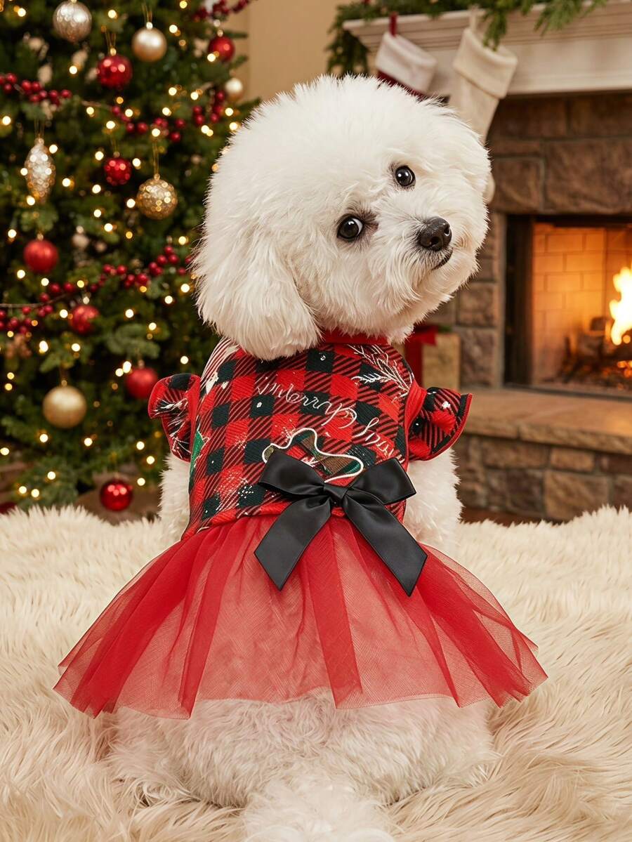 PETSIN Christmas Pet Dress With Mesh Fabric, Bow Tie And Red Black Plaid Pattern - Multicolor - View 1