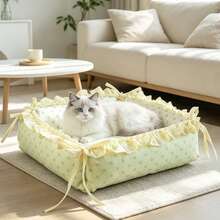 1PC Cozy Pet Bed, Soft Dot-Print Cat Sofa With Ruffled Edge, Non-Slip Washable Cushion For Small Dogs & Cats - Green - View 6