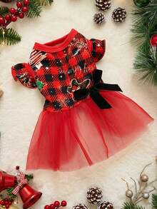 PETSIN Christmas Pet Dress With Mesh Fabric, Bow Tie And Red Black Plaid Pattern - Multicolor - View 2