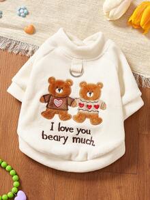 PETSIN 1pc Pet Embroidery Hand In Hand Love Bear Hoodie, Cat And Dog Universal Clothing, Daily Casual Open Top - Beige - View 1