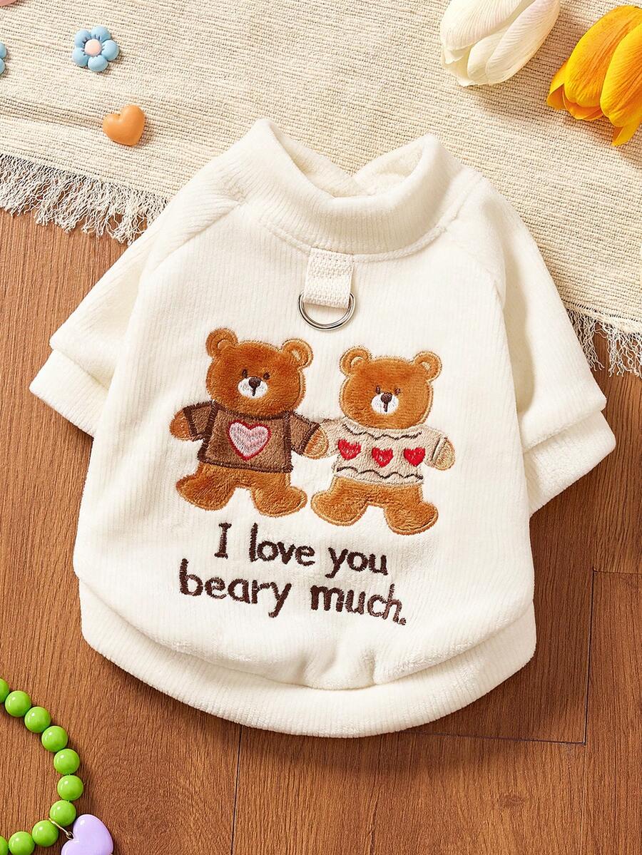 PETSIN 1pc Pet Embroidery Hand In Hand Love Bear Hoodie, Cat And Dog Universal Clothing, Daily Casual Open Top - Beige - View 1