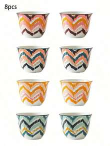 8pcs Bohemian Ikat Diamond & Zigzag Pattern Ceramic Tea Cup Set, Per Color Stackable Hand-Painted Mini Porcelain Mug, Suitable For Coffee, Kung Fu Tea, Home Gift - Multicolor - View 14