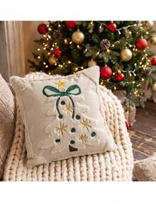 Cirelle 1pc/2pcs Christmas Decorative Pillow Cover, Cream White Textured Throw Pillow Case With Embroidered Christmas Tree, Cozy Festive Cushion Cover For Sofa Bed Holiday Home Decor - Beige - View 7