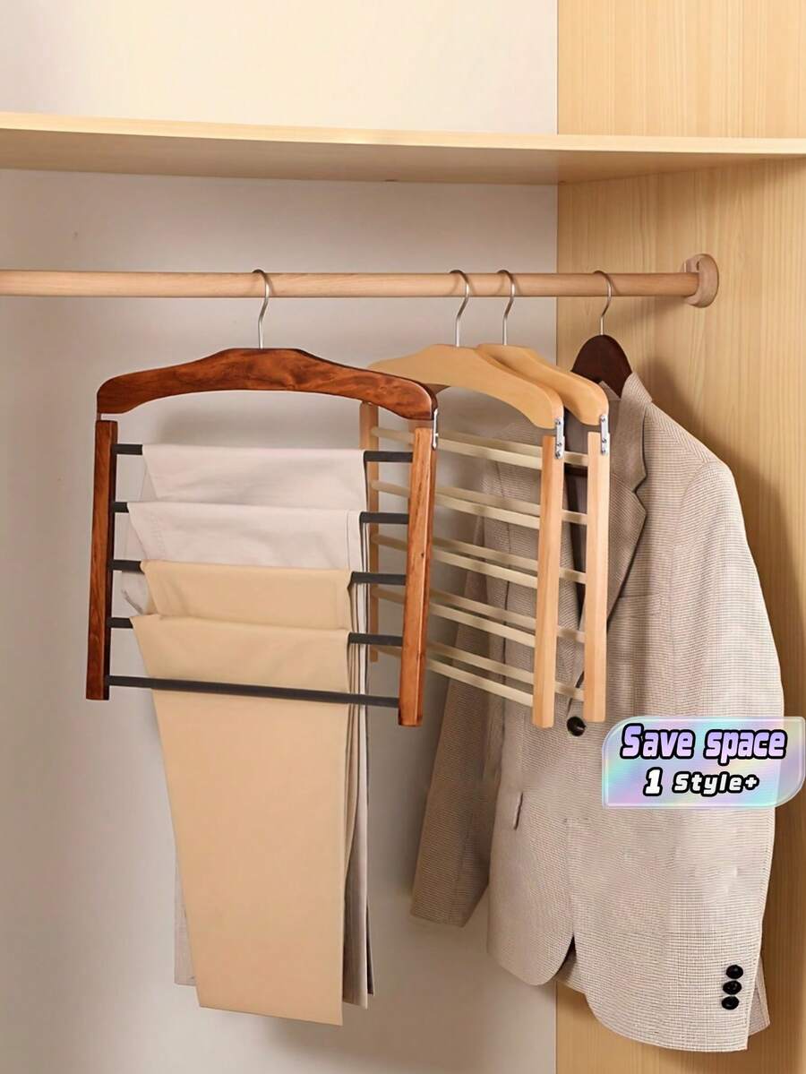 Multi-Layer Wooden Pants Hanger, Solid Wood Space Saving Closet Organizer, Non-Slip Multifunctional Storage Rack For Pants, Jeans, Skirts And Scarves, Wardrobe Bedroom Closet Organization, Home Storage Essentials, 1 Pack - Multicolor - View 1