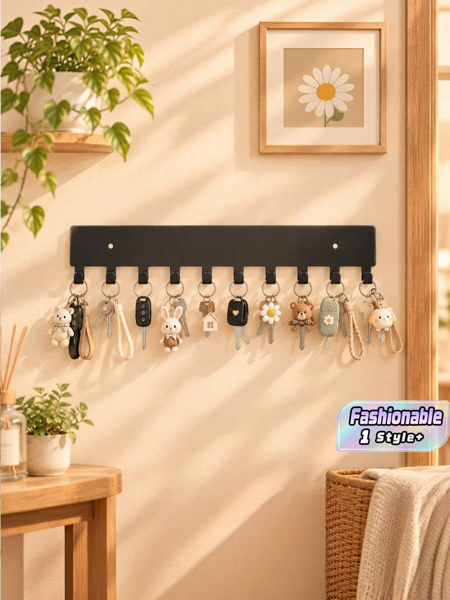 Key Holder For Wall, 10-Hook Metal Key Rack Wall Mounted Key Organizer With Key Hooks, Easy To Install Modern Painted Finish Simple Design For Organizing Keys In Entryway, Hallway, Home Or Office, Home Decor Wall Organizer - Black - View 1