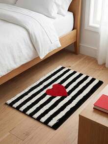 1pc Black & White Striped Heart Design Washable Soft Comfortable Bath Mat, Suitable For Decoration In Kitchen, Bathroom, Bedroom, And Entryway - A - View 6