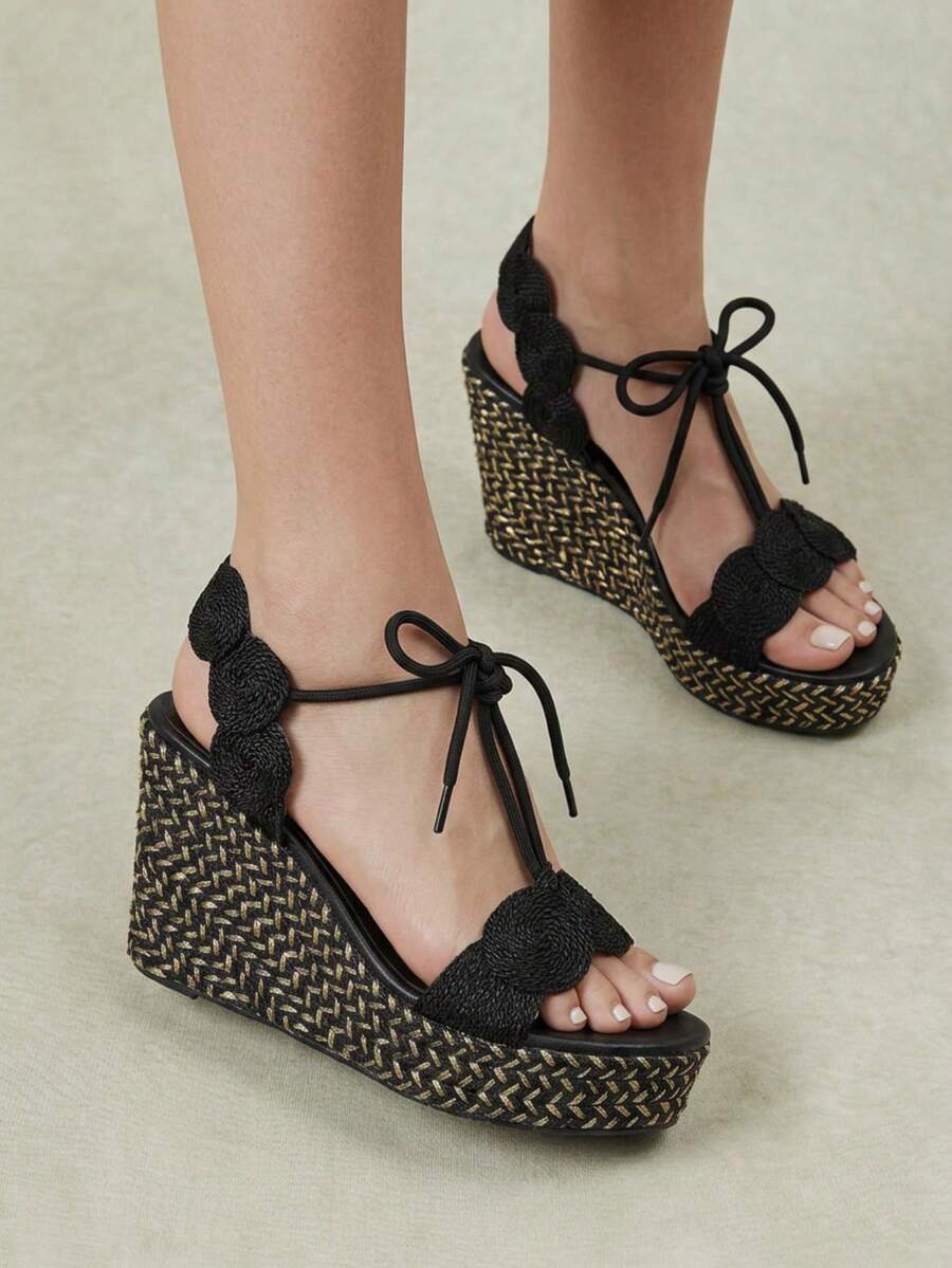 Styleloop Women's Woven Lace-Up Wedge High Heel Sandals, Bohemian Style Black Rope Braided Thick Sole Sandals, Vacation Beach Party - Black - View 1