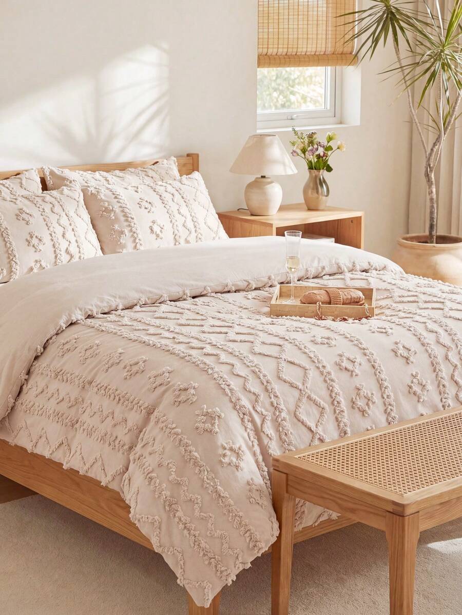 2/3Pcs Beige Bohemian Tufted Duvet Cover Set, Geometric Pattern Textured Bedding Set For All Seasons, Soft And Breathable Boho Decorative Duvet Cover, Queen, King (1 Duvet Cover + 1/2 Pillowcases, No Filler) - Beige - View 1
