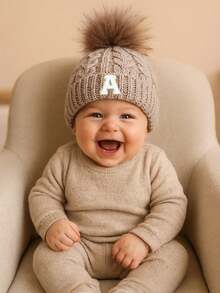 1PC Children's Apricot Hairball 26 Letters Cloth Patch Twist Knitted Autumn And Winter Cold Hat, Vertical Ribbed Flanged Autumn And Winter Pullover Ha - Apricot - View 3