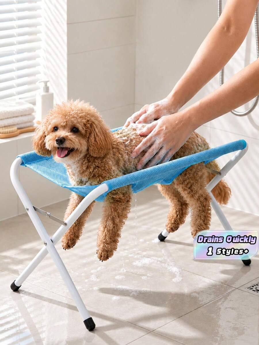 Foldable Pet Grooming Station, Featuring A Hollowed-Out, Quick-Drying Mesh Surface And A Sturdy Support Frame To Help Restrain Your Pet During Bath Time, Minimizing Squirming And Reducing The Risk Of Scratches. Lightweight And Foldable