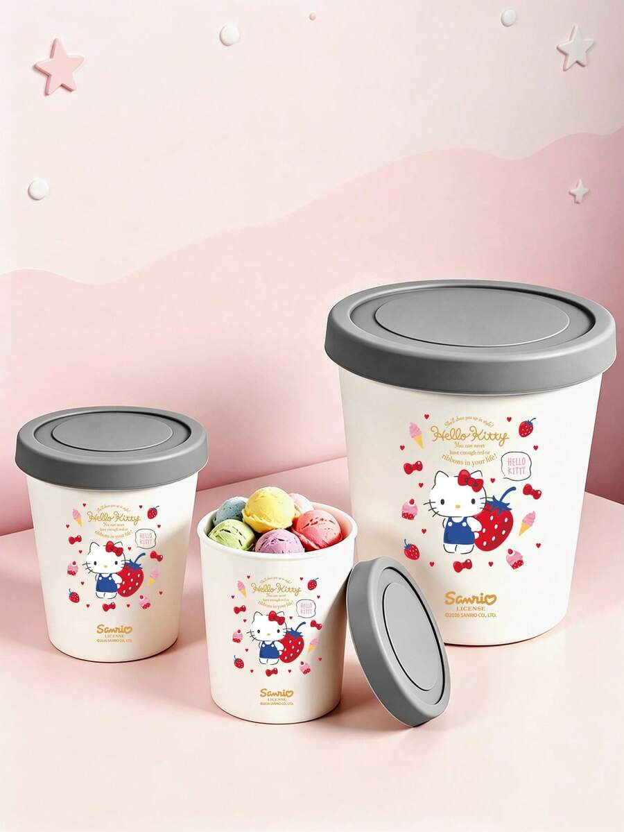 HELLO KITTY AND FRIENDS | SHEIN 1PC Hello Kitty Ice Cream Storage Containers, Strawberry‑Print Food Tubs With Sealed Lids, Stackable Reusable Freezer Jars, For Homemade Ice Cream & Dessert, Cute Collectible Food Storage Gift For Hello Kitty Fans - Multicolor - View 1