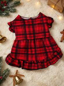 PETSIN 1pc Red Plaid Puff Sleeve Dress For Pets, Christmas - Multicolor - View 2