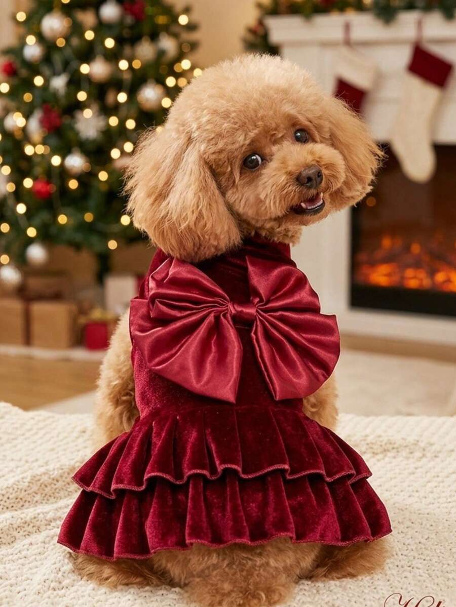 PETSIN 1pc Velvet Bow Red Christmas Dress For Pets - Multicolor - View 1