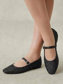 Styleloop Black Woven Mary Jane Shoes Women's Flat Bottom Breathable Hollow Buckle Belt Retro Shoes Fall Shoes - Black - View 2