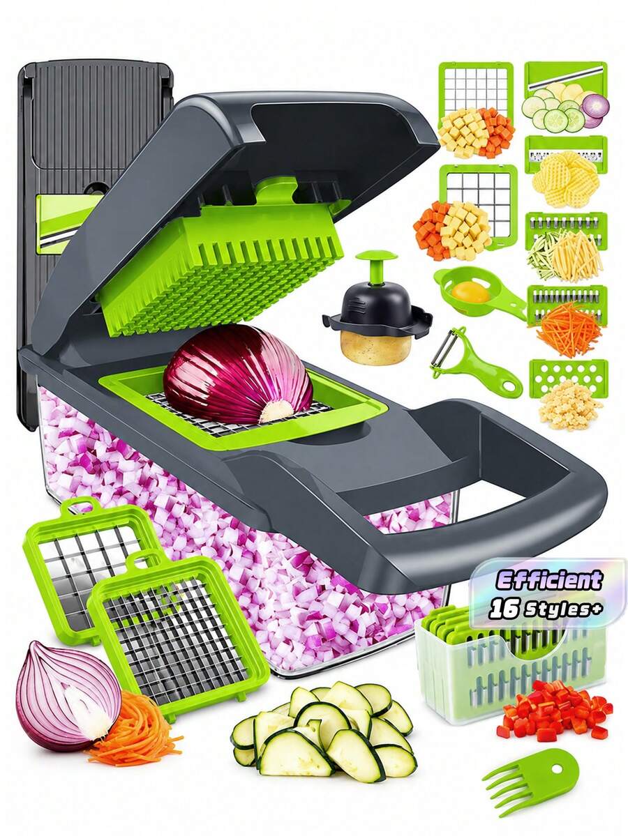 1PC Multi Blade Vegetable Chopper Slicer Dicer, 6 Interchangeable Blades Onion Cutter With Storage Container & Hand Guard, Manual Food Shredder Grater, Easy Clean Anti-Slip Base Kitchen Prep Tool For Potato Carrot Garlic Fruit Salad