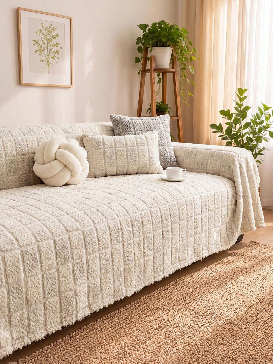 1Pc Autumn And Winter Plush Thickened Warm Sofa Cover Towel Is Suitable For Family Living Room And Other Room Decoration Non-Slip Machine Washable Hand Washed Sofa Cover Towel Soft Non-Fading Bedroom Decoration Pet Friendly Protective Cover - Light Grey - View 1