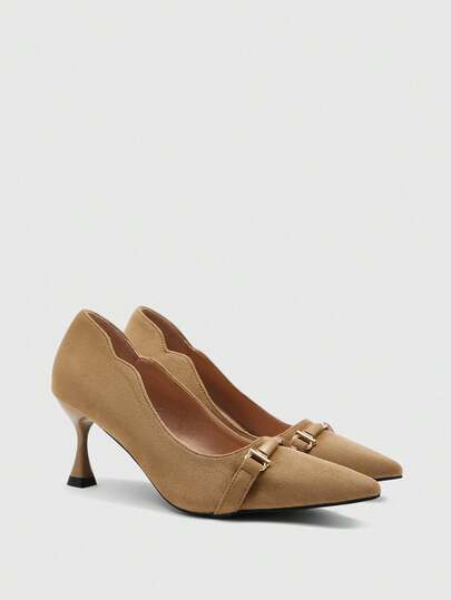 CUCCOO BIZCHIC Lace Shoe Vamp Metal Buckle Decoration Pointed Toe Thin Heel Light Commuting Khaki Low Vamp Shoes Daily Dating Women's Shoes