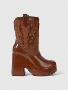 ROMWE Fairycore High Heel High Water Platform Western Women's Boots - Camel - View 1