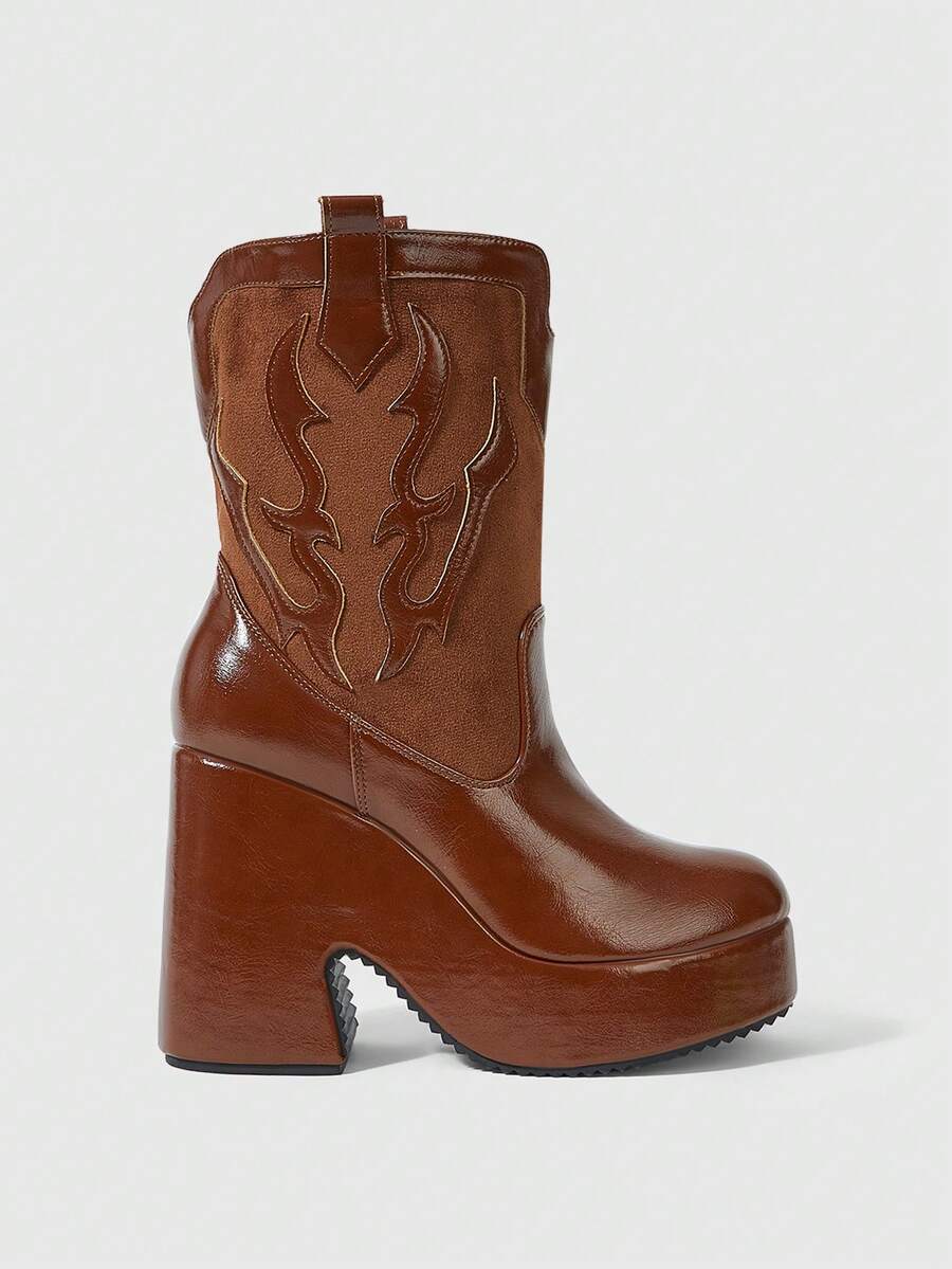 ROMWE Fairycore High Heel High Water Platform Western Women's Boots - Camel - View 1