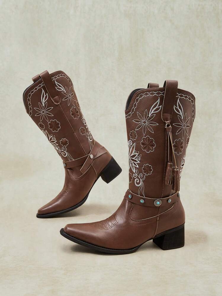 Styleloop Ladies Western Boots One Pedal, Diablo Rock Punk Goth Boots Buckle Up Brown Embroidered Medium Boots Broad Heel Bohemian Vacation Boots Low Heel Stree Fall Boots - Brown + Blue Diamond Embroidery - View 3