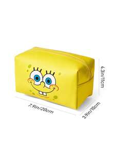SpongeBob SquarePants | SHEIN PU皮革化妝包，印花拉鍊收納袋，彩妝收納包，多功能旅行盥洗包，可收納日常用品、文具及各種小雜物 - 黃色 - 查看 5
