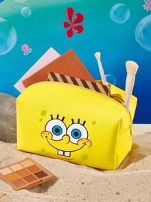 SpongeBob SquarePants | SHEIN PU皮革化妝包，印花拉鍊收納袋，彩妝收納包，多功能旅行盥洗包，可收納日常用品、文具及各種小雜物 - 黃色 - 查看 2