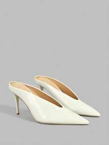 Ontre White Patent Leather Pointed Thin Heel Mule Shoes Women, Commuting Versatile Low Vamp High Heels, Sandals For Banquets And Weddings Summer - White - View 1