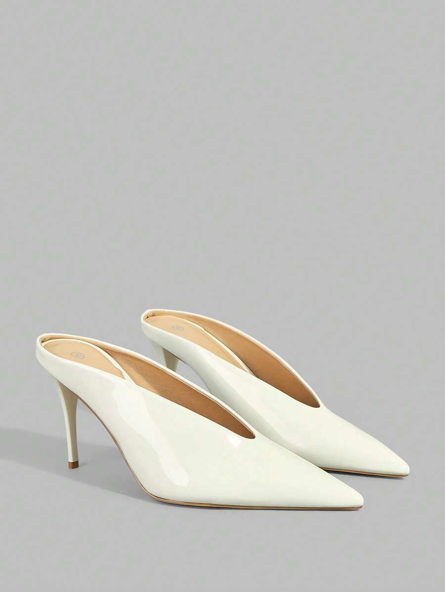 Ontre White Patent Leather Pointed Thin Heel Mule Shoes Women, Commuting Versatile Low Vamp High Heels, Sandals For Banquets And Weddings Summer - White - View 1
