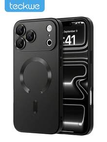Teckwe 手機殼－新款奢華磨砂半透明磁吸手機殼，相容 iPhone 18 17 16 15 14 13 12 11 Pro Max Air，附防震框架與相機保護蓋，磨砂金屬質感，金屬漆耐磨，鏡頭保護軟框防震保護殼 - 黑色 - 查看 1