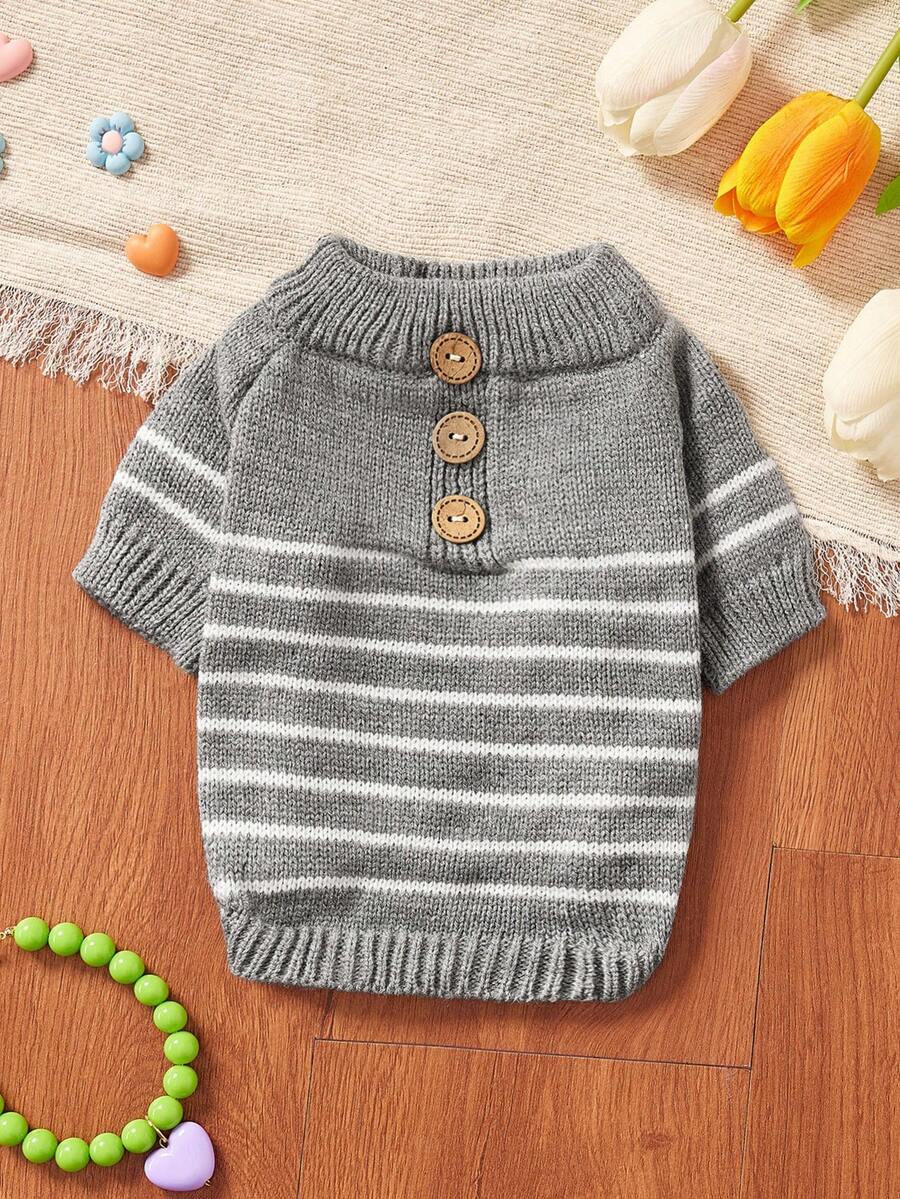 PETSIN 1 Piece Of Minimalist Linen Gray Striped Pet Knitted Sweater, Suitable For Small Cats And Dogs, Versatile Basic Knitted Clothing For Autumn And Winter Home Walks And Layering In Ins Style - grey strips - View 1