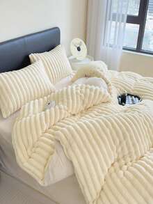 Cirelle 2/3 Pcs Cream Plush Ribbed Duvet Cover Set - Ultra Soft Fluffy Striped Fleece Comforter Cover With 1/2 Matching Pillow Shams, Warm Winter Velvet Bedding Set (No Insert) - Beige - View 8