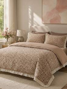 Cirelle 3pcs Leopard Print Duvet Cover Set, Ultra Soft Microfiber Reversible Bedding Set With Ruffle Lace Border, Animal Print Comforter Cover With 2 Shams (No Insert) - caramel leopard print - View 1