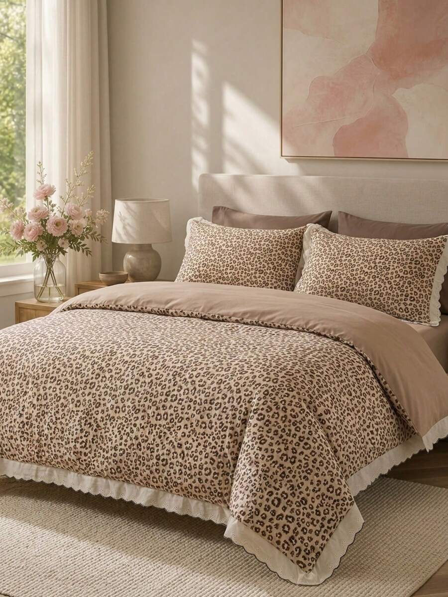 Cirelle 3pcs Leopard Print Duvet Cover Set, Ultra Soft Microfiber Reversible Bedding Set With Ruffle Lace Border, Animal Print Comforter Cover With 2 Shams (No Insert) - caramel leopard print - View 1