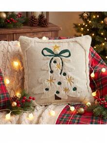 Cirelle 1pc/2pcs Christmas Decorative Pillow Cover, Cream White Textured Throw Pillow Case With Embroidered Christmas Tree, Cozy Festive Cushion Cover For Sofa Bed Holiday Home Decor - Beige - View 4