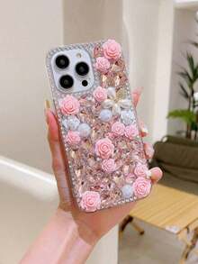 Flower Element Fashion Phone Cases Shockproof Sparkling Rhinestone Sequins Pearl Rose Flower Protective Case Compatible With 17 Pro Max, 15 - Pink - View 7