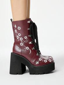 ROMWE Fairycore Sepatu Bot Wanita Bersol Tebal, Hak Tebal, Hak Sedang, Gaya Punk, Gaya Gotik, Gaya Jalanan, Bordir, Bermotif Benang, Tali Pengikat, Resleting Samping, Sol Tebal - Burgundy - View 5