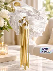 White Lace Ribbon Wands With Gold Bells, 20/10/1pc Silk Fairy Wand For Wedding Send Off Party Favors - Multicolor - View 1