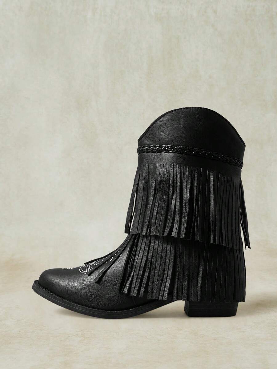 Styleloop Sepatu Bot Pendek Koboi Barat Berlipit Gaya Retro Klasik untuk Wanita, Hak Tebal Lancip, Ukuran Sedang, Cocok untuk Musim Gugur dan Musim Dingin, Sepatu Bot Ksatria Serbaguna - Hitam - View 1