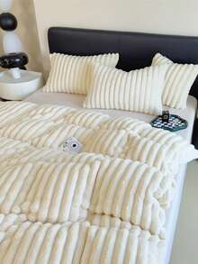 Cirelle 2/3 Pcs Cream Plush Ribbed Duvet Cover Set - Ultra Soft Fluffy Striped Fleece Comforter Cover With 1/2 Matching Pillow Shams, Warm Winter Velvet Bedding Set (No Insert) - Beige - View 10