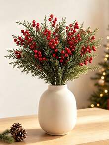 Cirelle 3/5pcs Artificial Christmas Red Berry Stems & Pine Needles | Faux Winter Berry Pine Picks For Holiday Home Decor, Vase Filler & Christmas Tree Decor - Multicolor - View 4