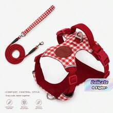 New 2 Pieces Dog Harness & Leash Set, Reflective Strip For Night Visibility, Lightweight Non-Stick Shoulder Protection, Ergonomic Design To Reduce Pressure, Anti-Pull Handle For Instant Control, High-Strength Metal Leash Clip, Durable Pom - Red - View 2