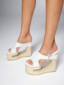 SHEIN Solezae 女款獨特構造粗跟浮雕厚底坡跟涼鞋，舒適綁帶一腳蹬坡跟高跟鞋，度假鞋 - 白色 - 查看 4