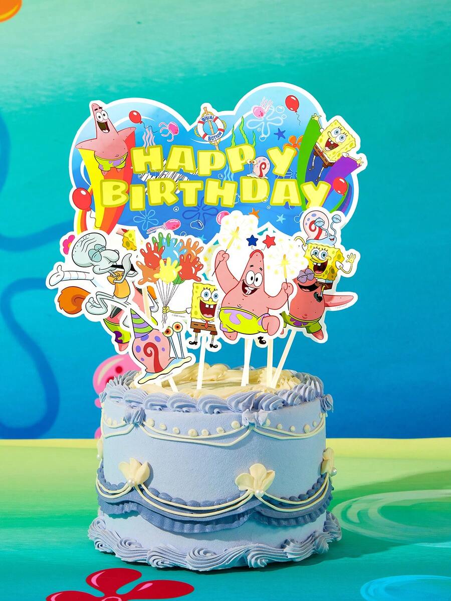 SpongeBob SquarePants | SHEIN 15 Buah Perlengkapan Dekorasi Pesta Ulang Tahun, Perlengkapan Dekorasi Kue Cupcake, Dekorasi Kue - MultiWarna - View 1