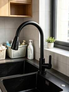 1 vòi bếp rút hiện đại 1 lỗ, tay gạt đơn, vòi cao cung bằng thép không gỉ, mạ niken, xoay 360°, điều khiển dòng chảy 2 mức, dùng cho bếp gia đình, phòng ăn, phòng tắm, xe RV, chậu rửa, rửa xe - màu đen - Xem 8