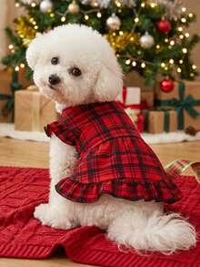 PETSIN 1pc Red Plaid Puff Sleeve Dress For Pets, Christmas - Multicolor - View 3