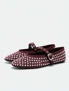 Maija Women's Rhinestone Buckle Shiny Flat Casual Shoes - Burgundy - View 1