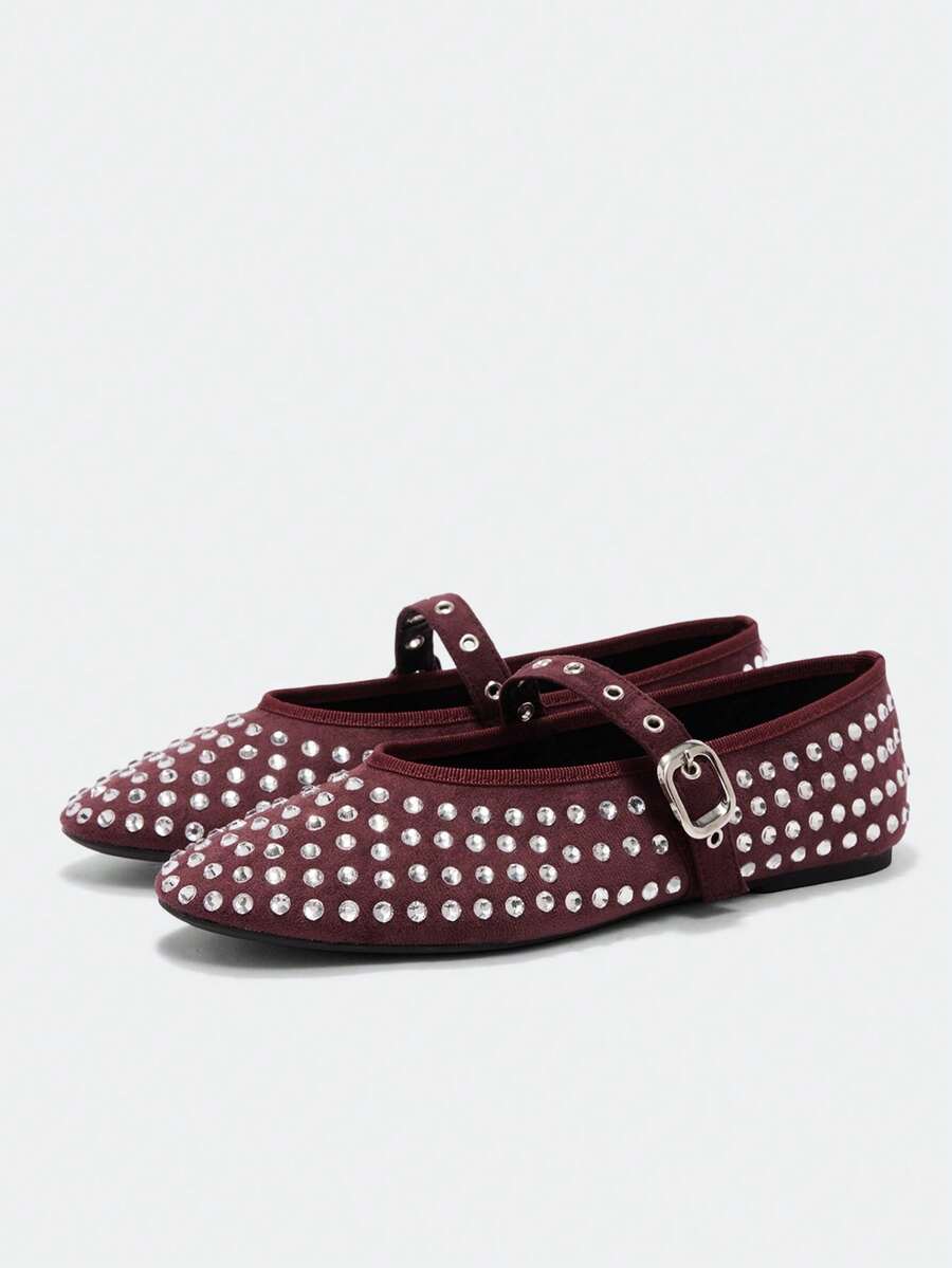 Maija Women's Rhinestone Buckle Shiny Flat Casual Shoes - Burgundy - View 1